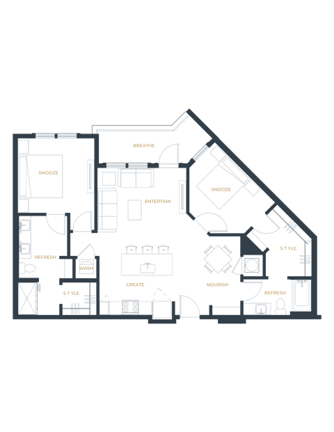 Floor plan for 2 beds, 2 baths, 1080 sqft
